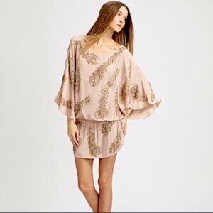 Boyod Beige Sequin Embellished 3/4 Sleeve Mini Dress Womens Size S